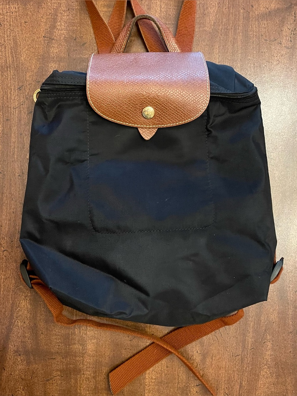 Longchamp Le Pliage Classic Backpack - Medium - Black Nylon - Brown Leather